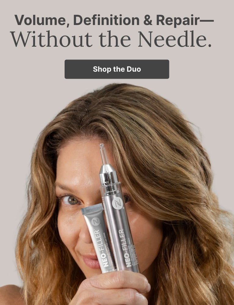 Volume, Definition & Repair—Without the Needle. Shop the Duo. Featured is a woman holding the Neo-FILLER Face & Lip Contour Duo in front of her face.